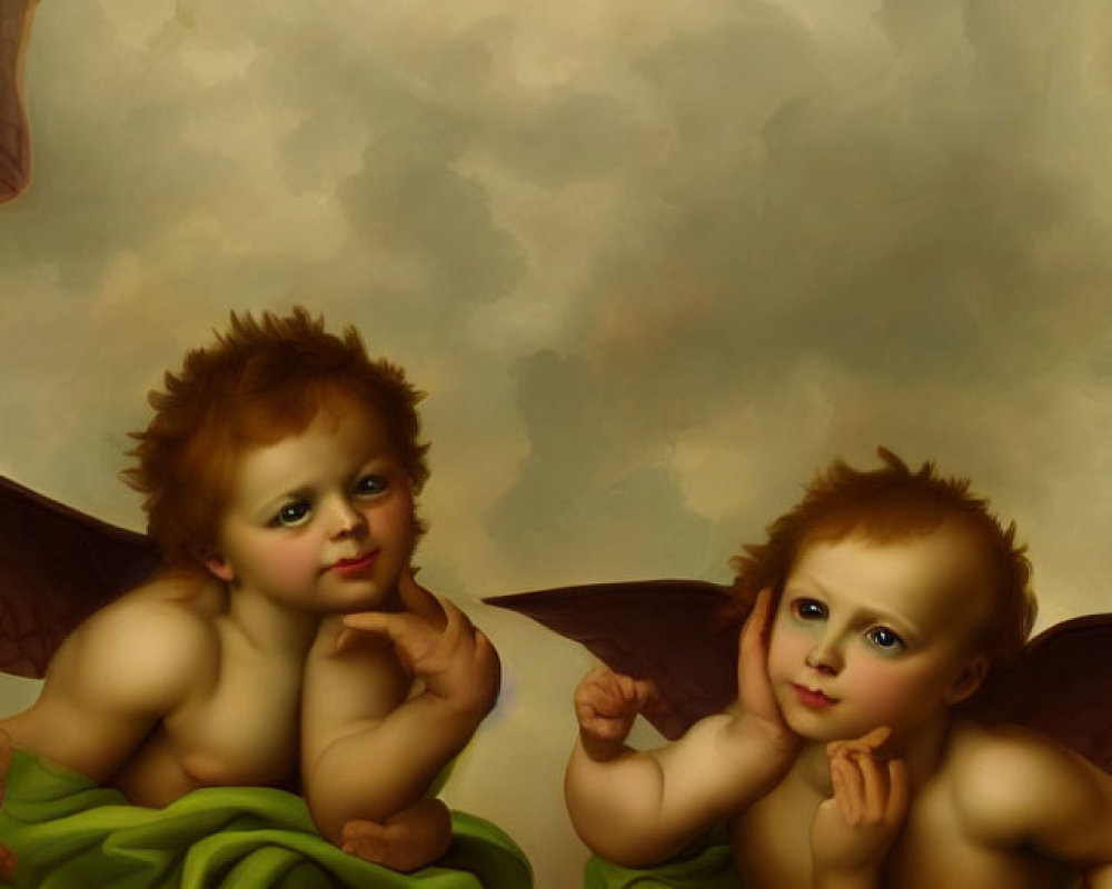 Cherubic figures with bat-like wings on cloudy background