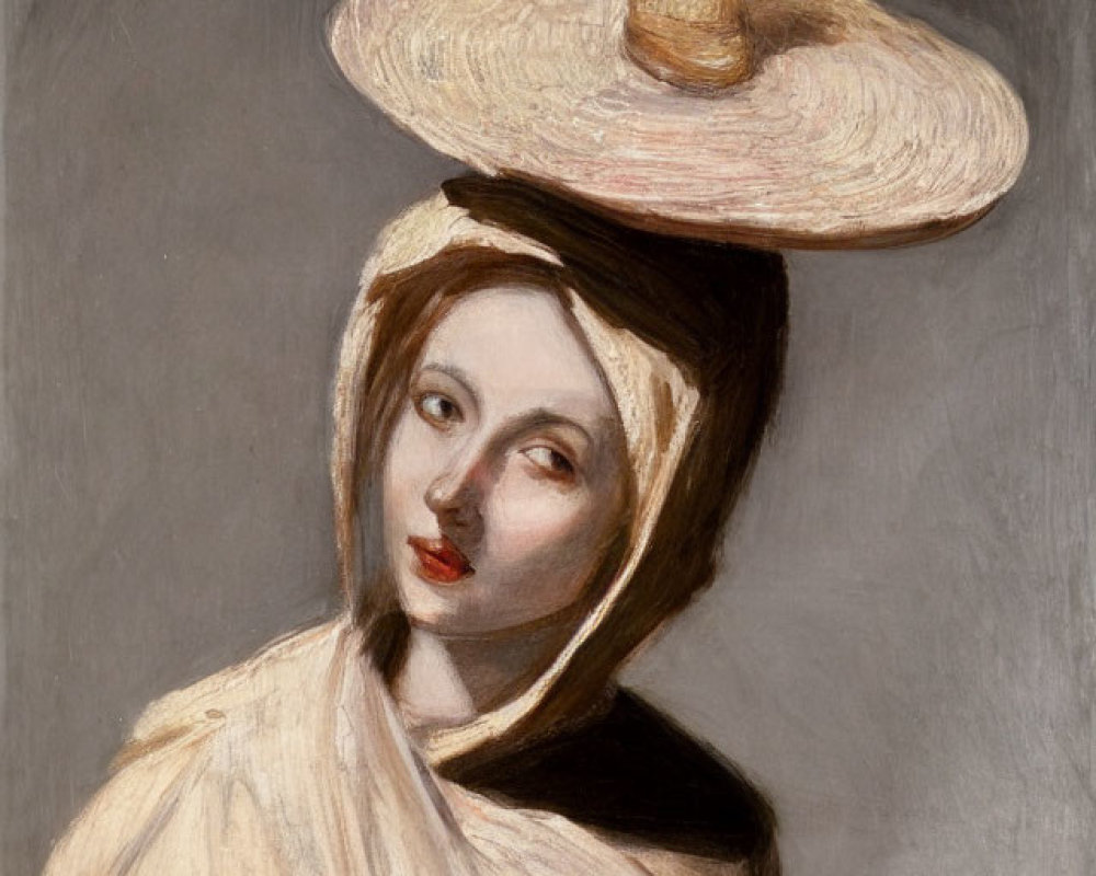 Woman Portrait with Large Straw Hat and White Scarf on Neutral Background