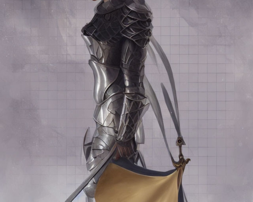 Digital artwork: Woman in silver armor with golden cloth, holding sword, on grey backdrop