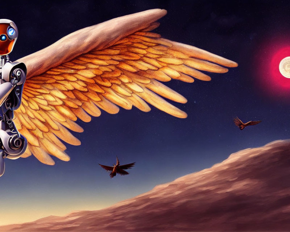 Feathered wing humanoid robot soaring above barren landscape at sunset