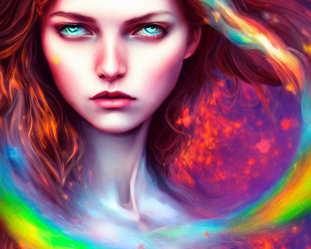 Vivid blue-eyed woman with fiery hair and golden crown in cosmic setting