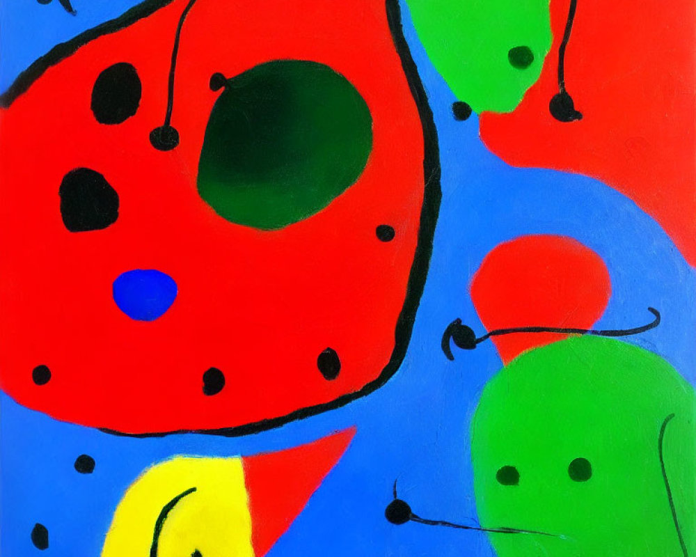 Vibrant abstract painting with primary colors and black spots