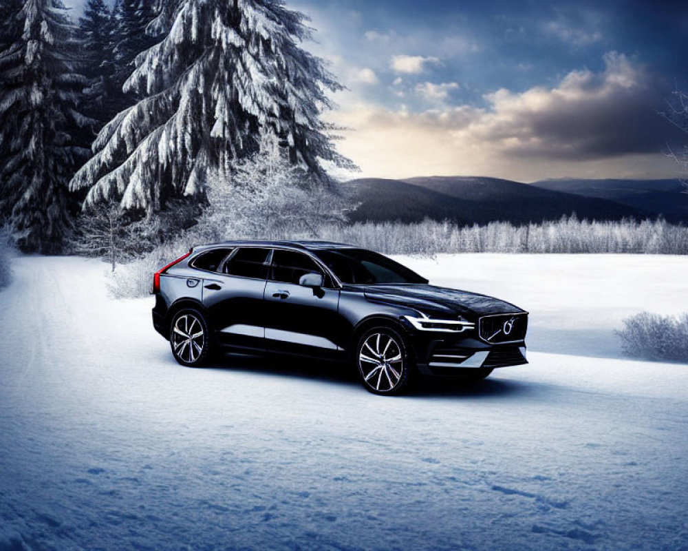 Snowy Road Scene: Black SUV, Snow-Covered Trees, Mountains, Cloudy Sky