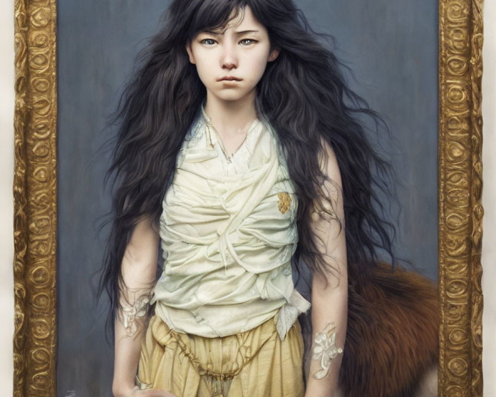 Young girl portrait with dark hair, white blouse, yellow skirt, and fox tail in gold frame