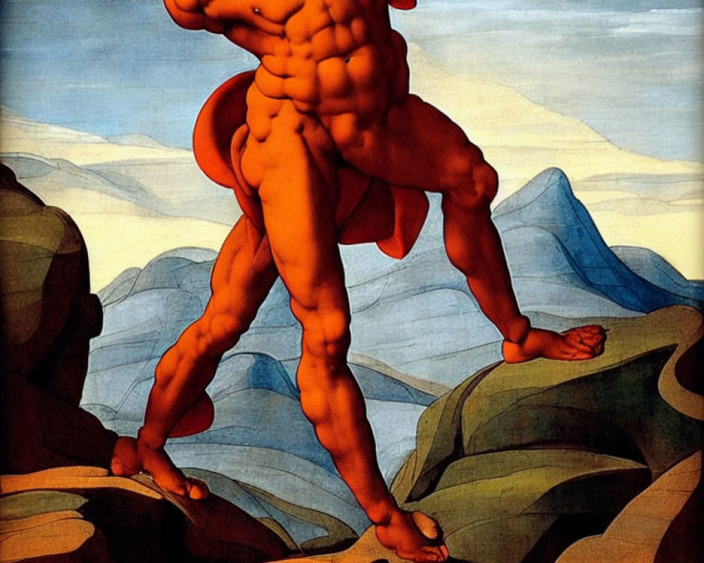 Muscular red figure in mythic landscape with blue mountains