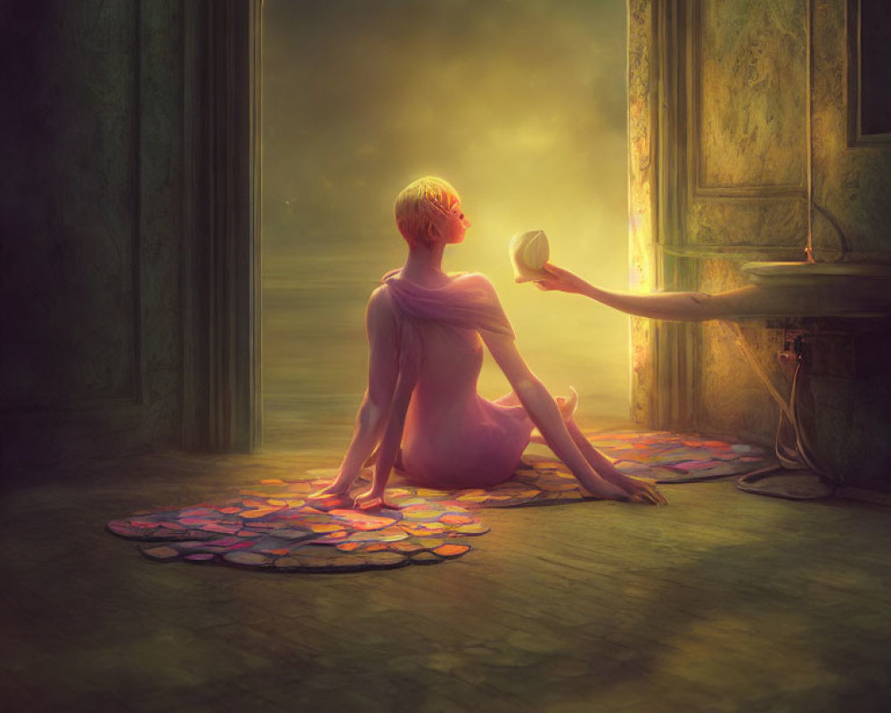 Person in Pink Dress Sitting on Flower Rug in Sunlit Doorway