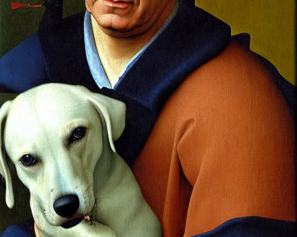 Surreal painting of man in blue and orange robes hugging white dog