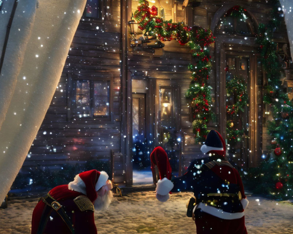 Festive Christmas scene with two Santa Clauses, decorated house, and falling snow