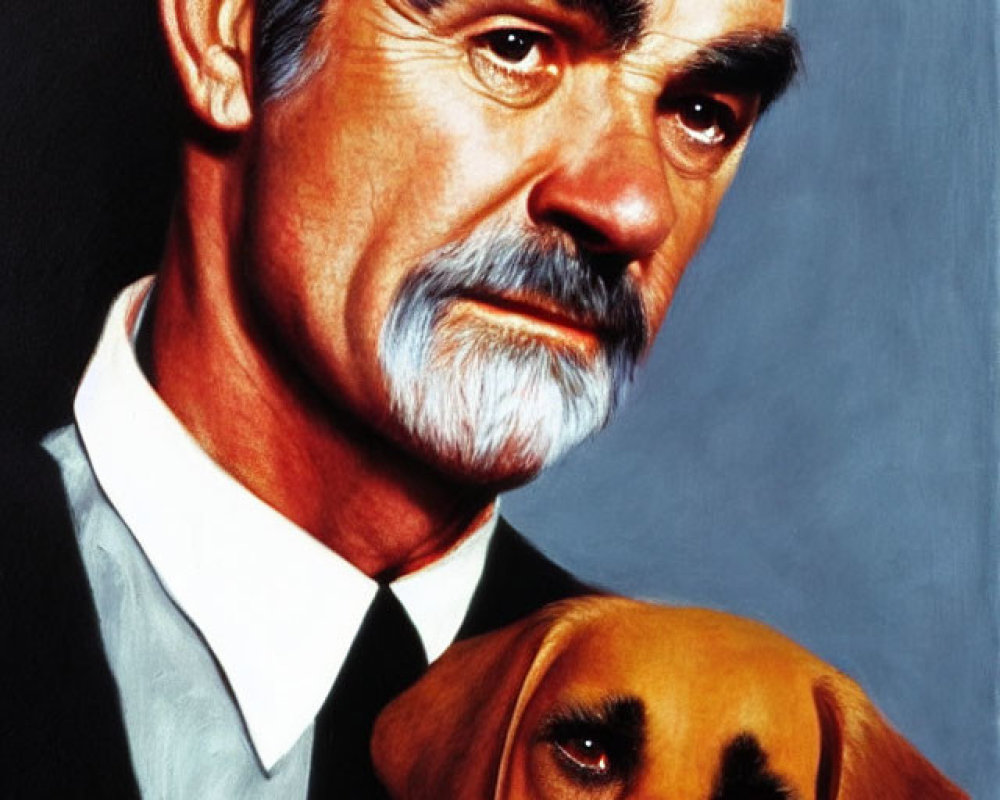 Elderly man with white mustache and dogs in black suit