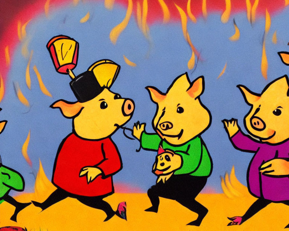 Animated pigs with lantern, scared frog, and doll in fiery field