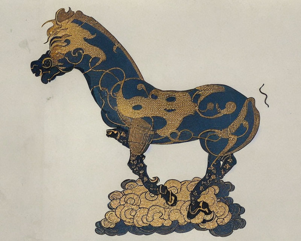 Golden Outlined Horse on Blue Background with Cloud Motifs