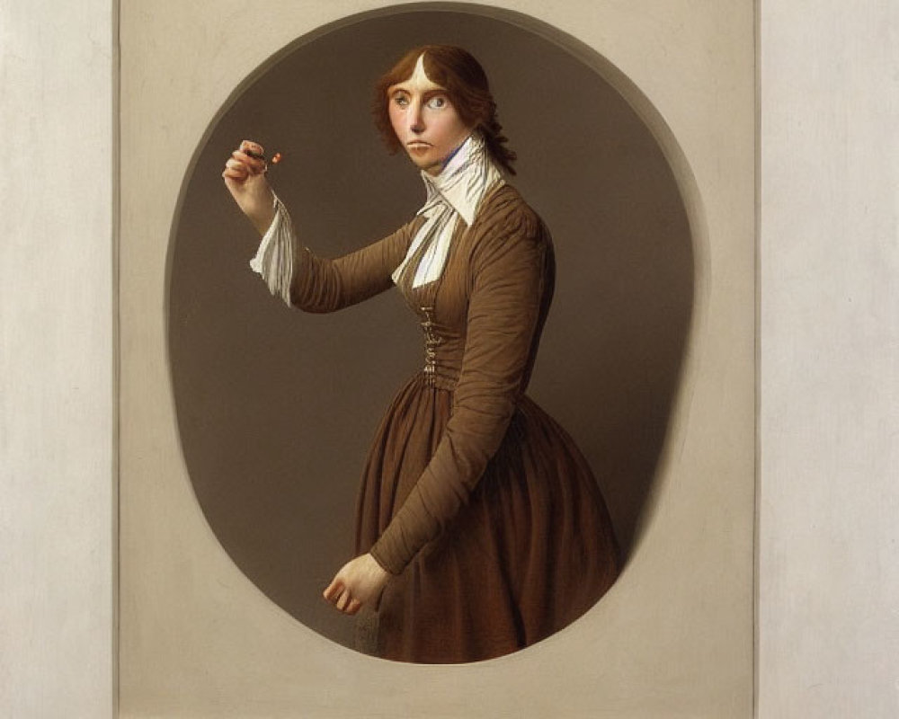 Classic Painting of Woman with Auburn Hair in Brown Dress and White Collar in Round Frame