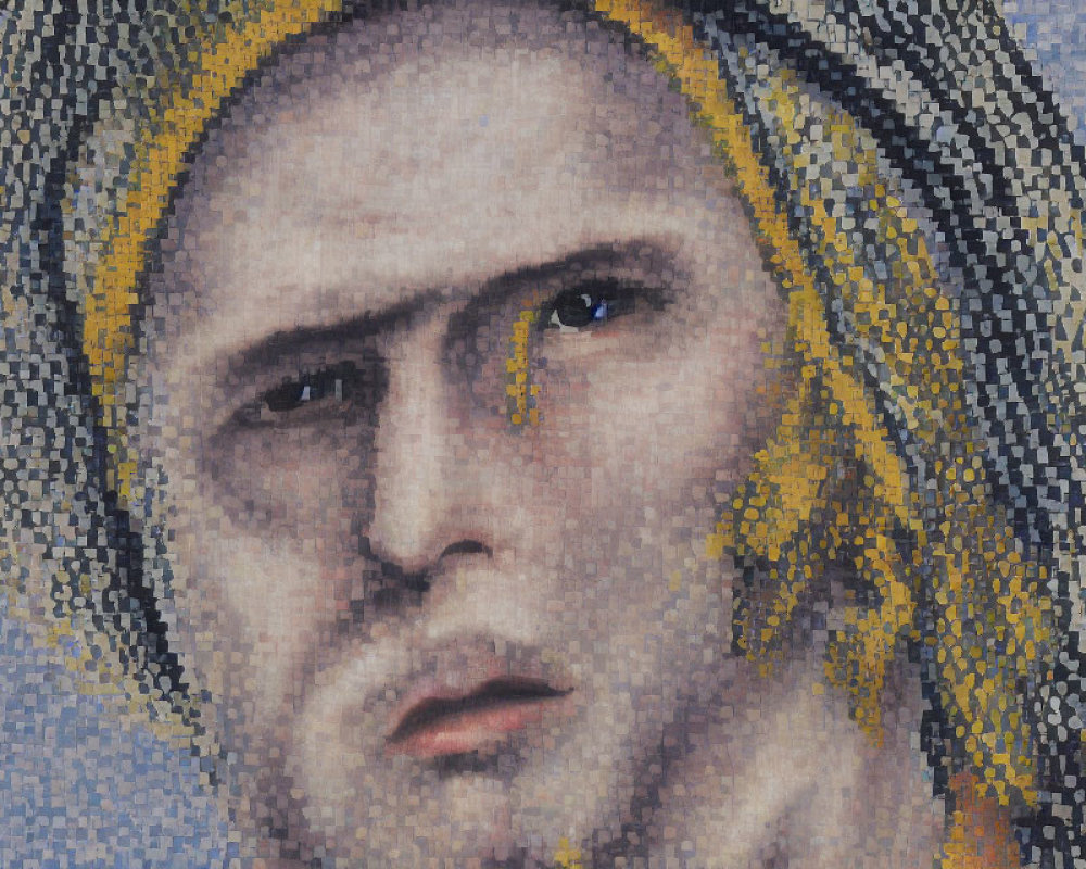 Solemn Expression Mosaic Artwork in Blues, Yellows, and Peach Tones