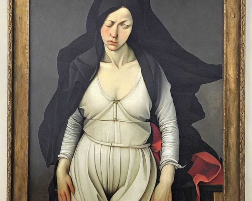 Sorrowful woman in white gown and black veil oil painting on aged wood frame