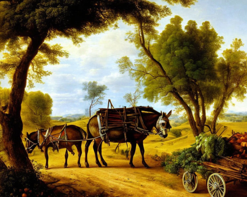 Tranquil pastoral painting: two horses, cart, lush landscape