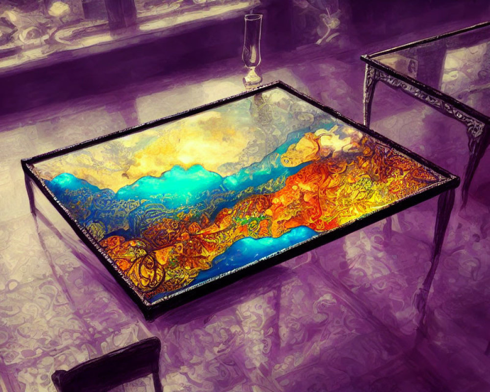 Colorful Artistic Table Centerpiece in Purple Room with Glass