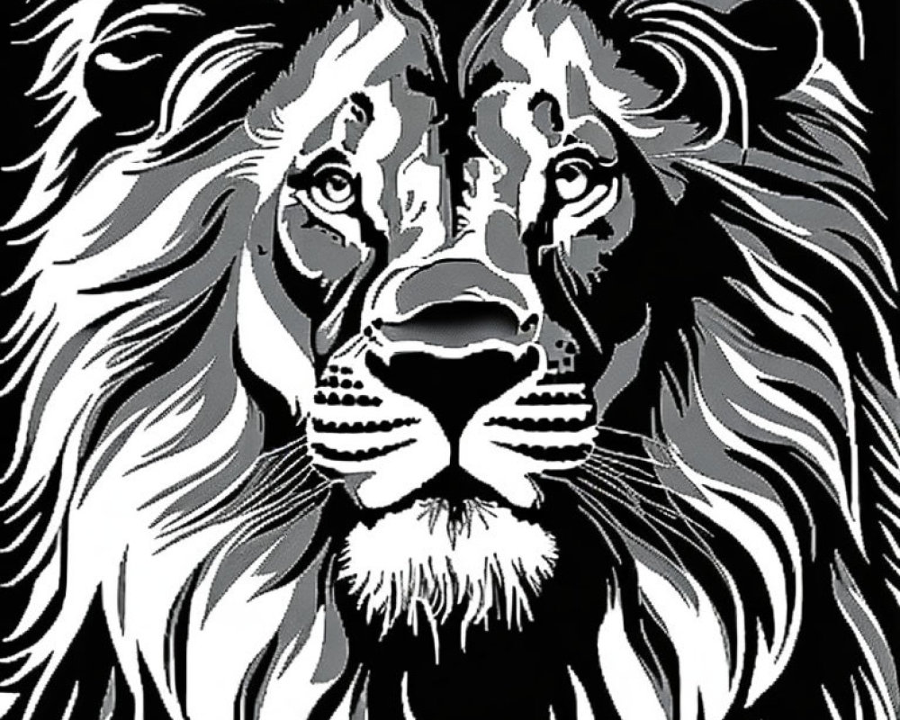 Monochrome lion face drawing with detailed mane and symmetrical features