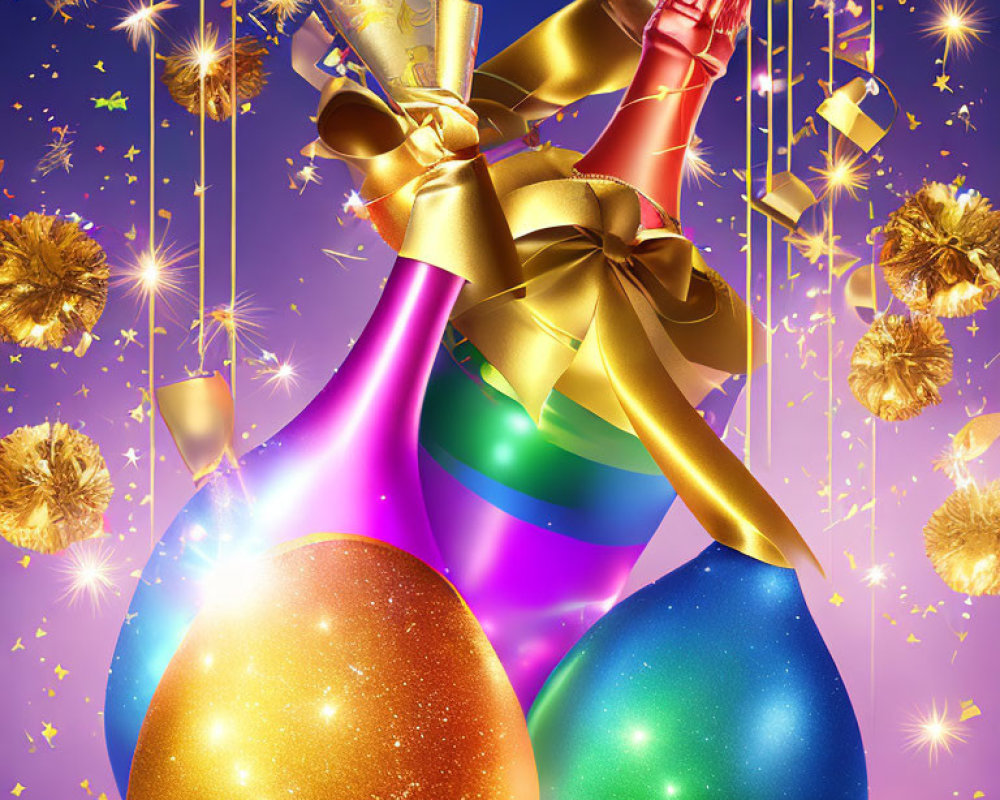 Festive Champagne Bottles and Christmas Decorations on Starry Background