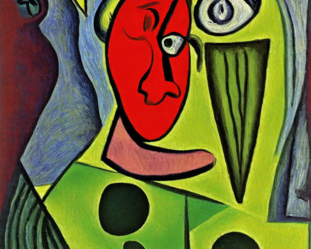 Vibrant Cubist painting with distorted shapes and facial features