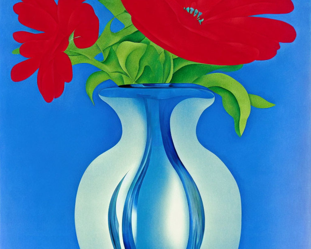 Vibrant red flowers in blue vase on blue background