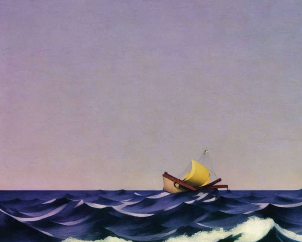 Yellow Boat with White Sail Capsizing in Dark Seas on Purple Sky