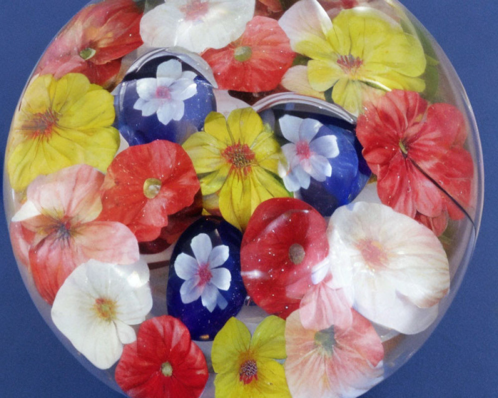 Colorful Realistic Flower Inclusions in Round Paperweight on Blue Background