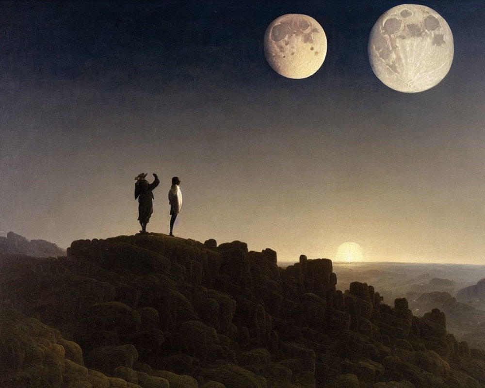 Two Figures on Rocky Outcrop Under Night Sky with Two Moons