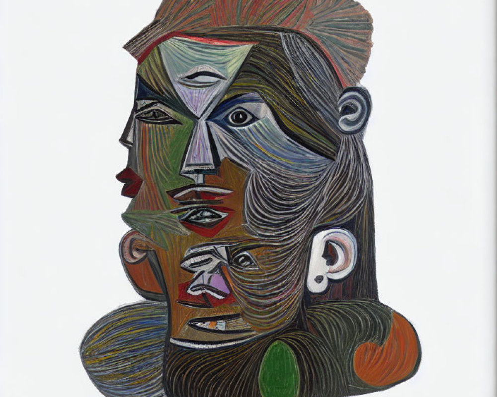 Colorful Abstract Portrait with Overlapping Faces on White Background