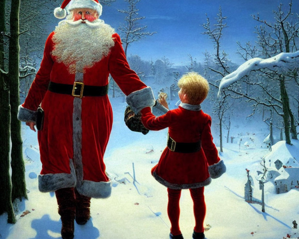 Adult and child in Santa Claus outfits in snowy landscape with twilight backdrop