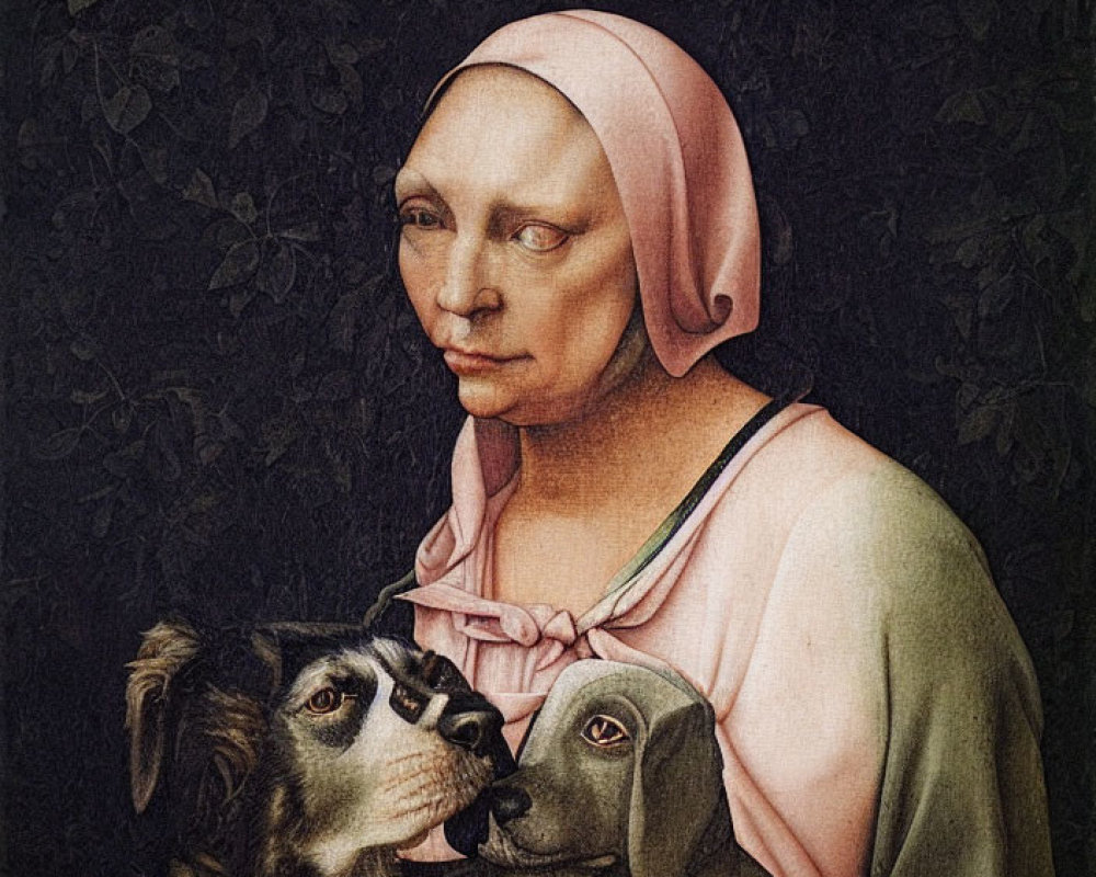 Portrait of somber woman with pink headscarf hugging two dogs on leafy backdrop