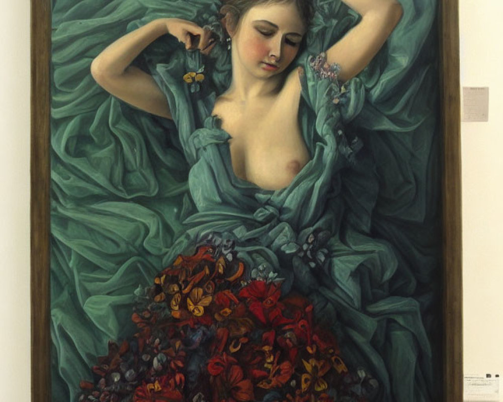 Portrait of Woman with Exposed Shoulders and Flowers in Reflective Pose