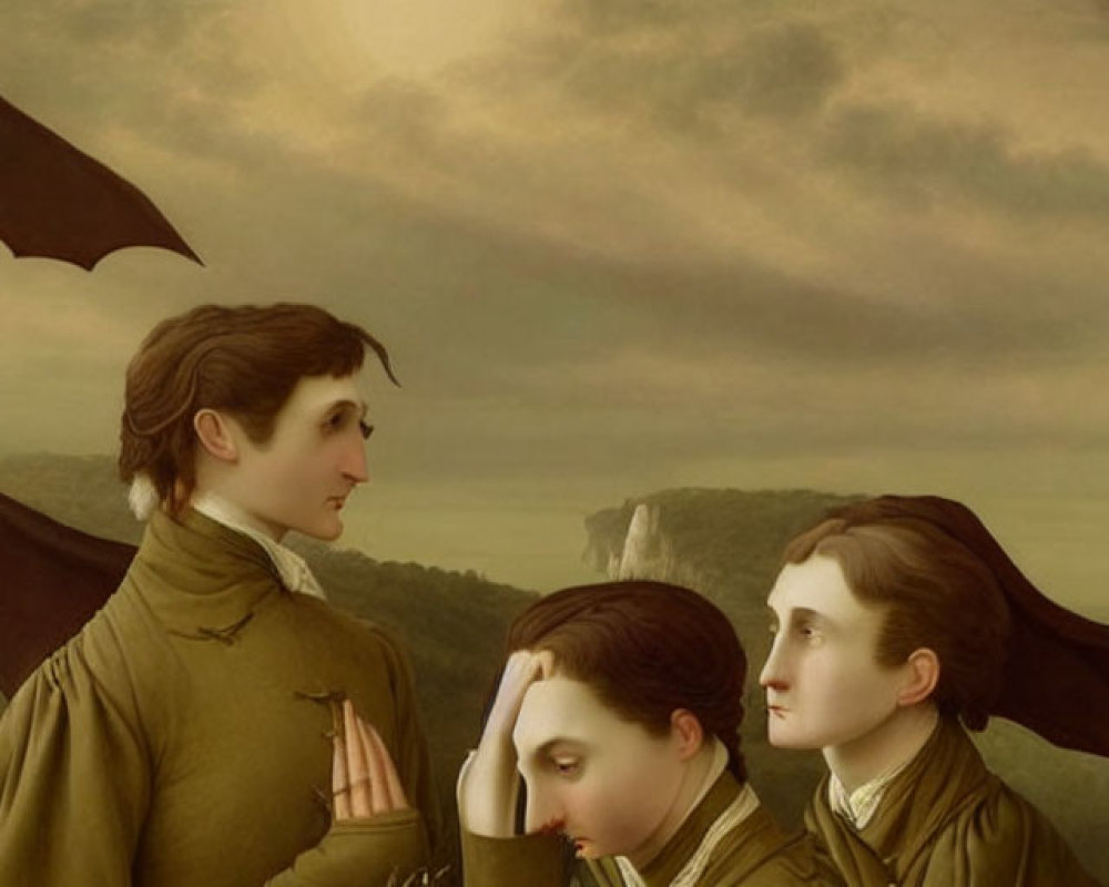 Surreal painting featuring three winged figures in cloudy sky