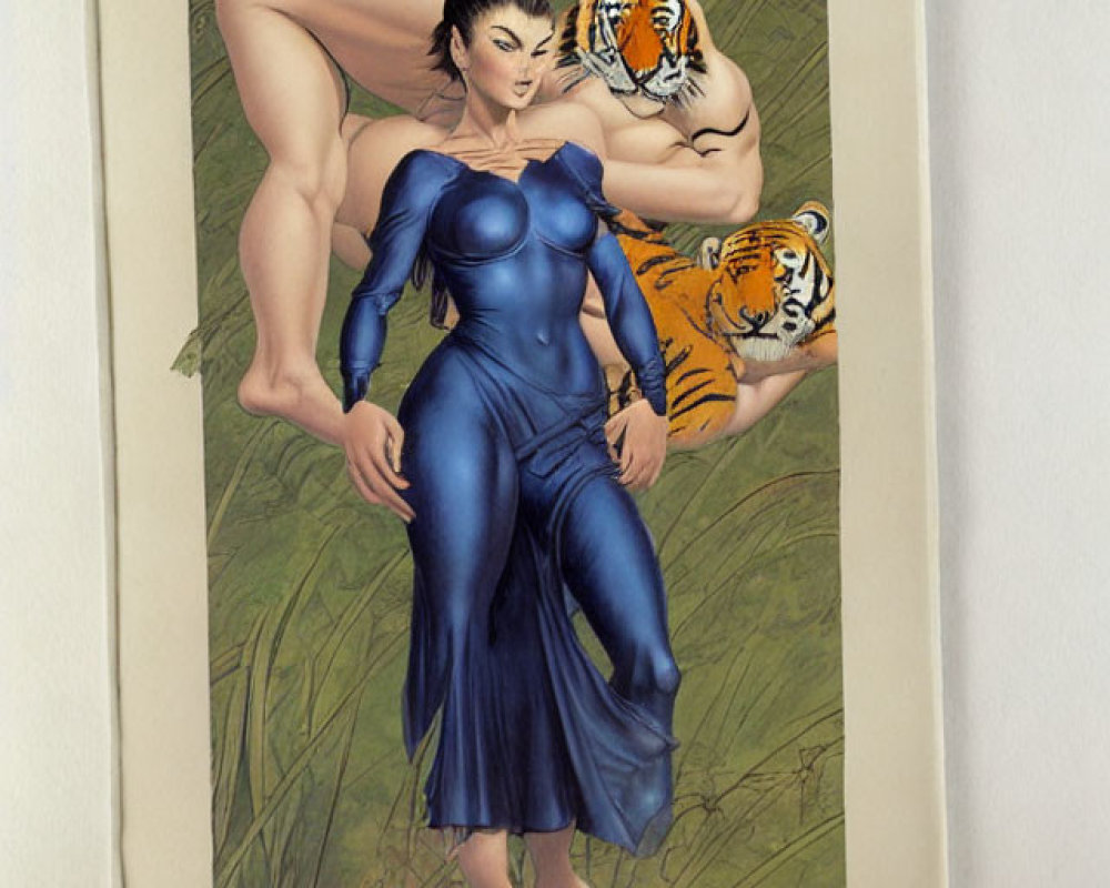 Framed artwork of fierce woman with tigers on grassy background