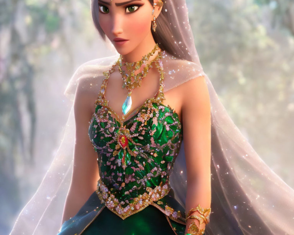 Jeweled green dress princess in forest setting