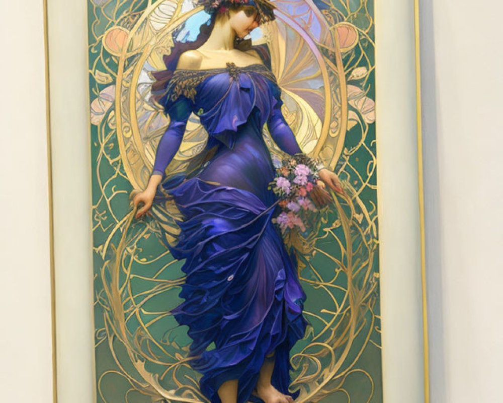 Art Nouveau Style Painting of Woman in Purple Dress with Floral Motifs