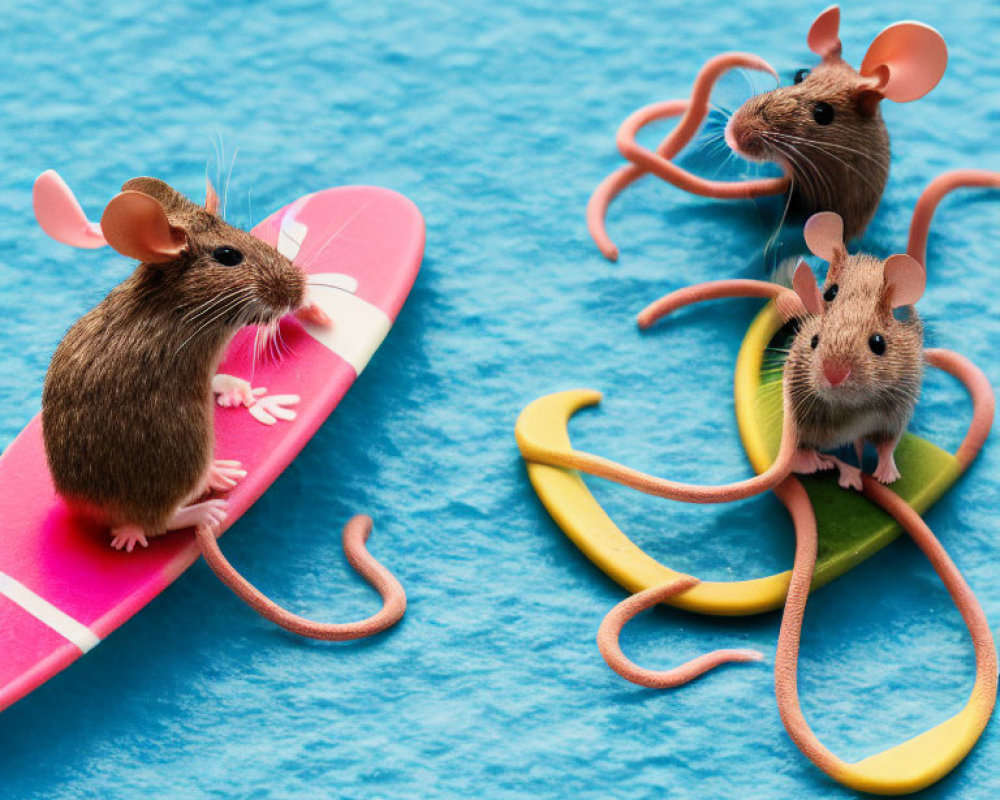 Miniature surfboard toy mice on blue textured background.