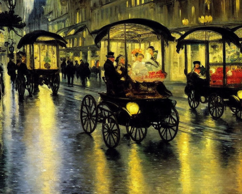 Impressionist painting of evening street scene with carriages and illuminated shops