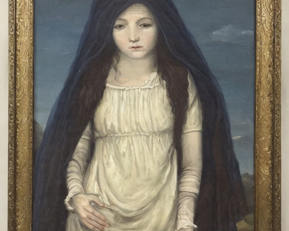 Portrait of Woman in White Dress with Dark Veil in Gold Frame