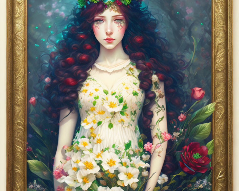 Woman in floral crown and dress surrounded by lush greenery and flowers in vintage painting style