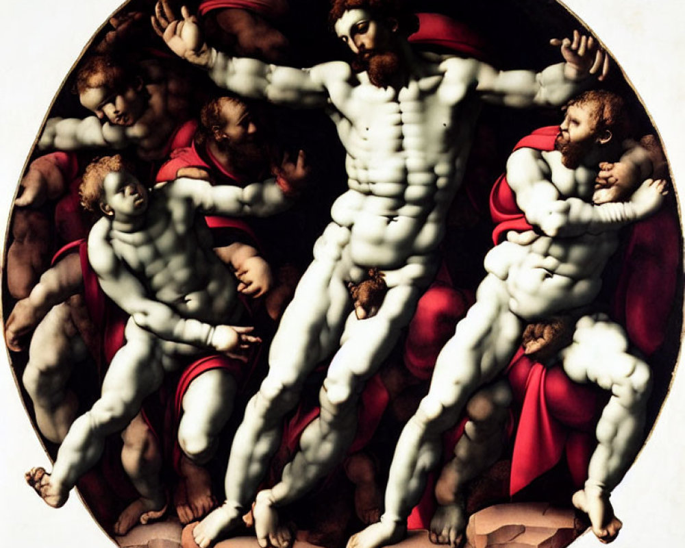 Circular Renaissance Painting: Man with Multiple Limbs Surrounded by Cherubic Figures