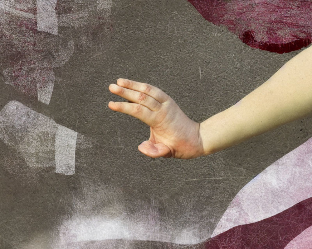 Human hand with pink and red floral patterns on grey background