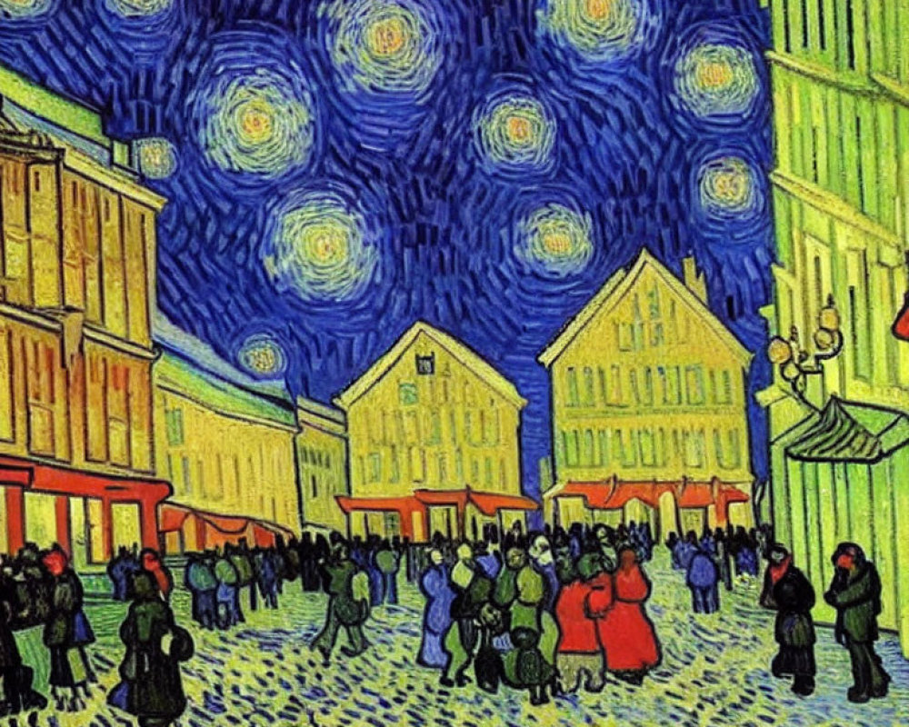 Vibrant night scene painting with swirling blue sky and yellow-lit buildings