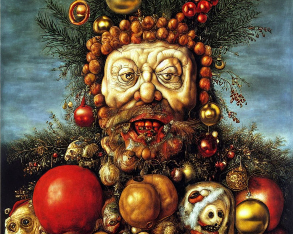 Surreal Christmas-themed face with ornaments and fruits