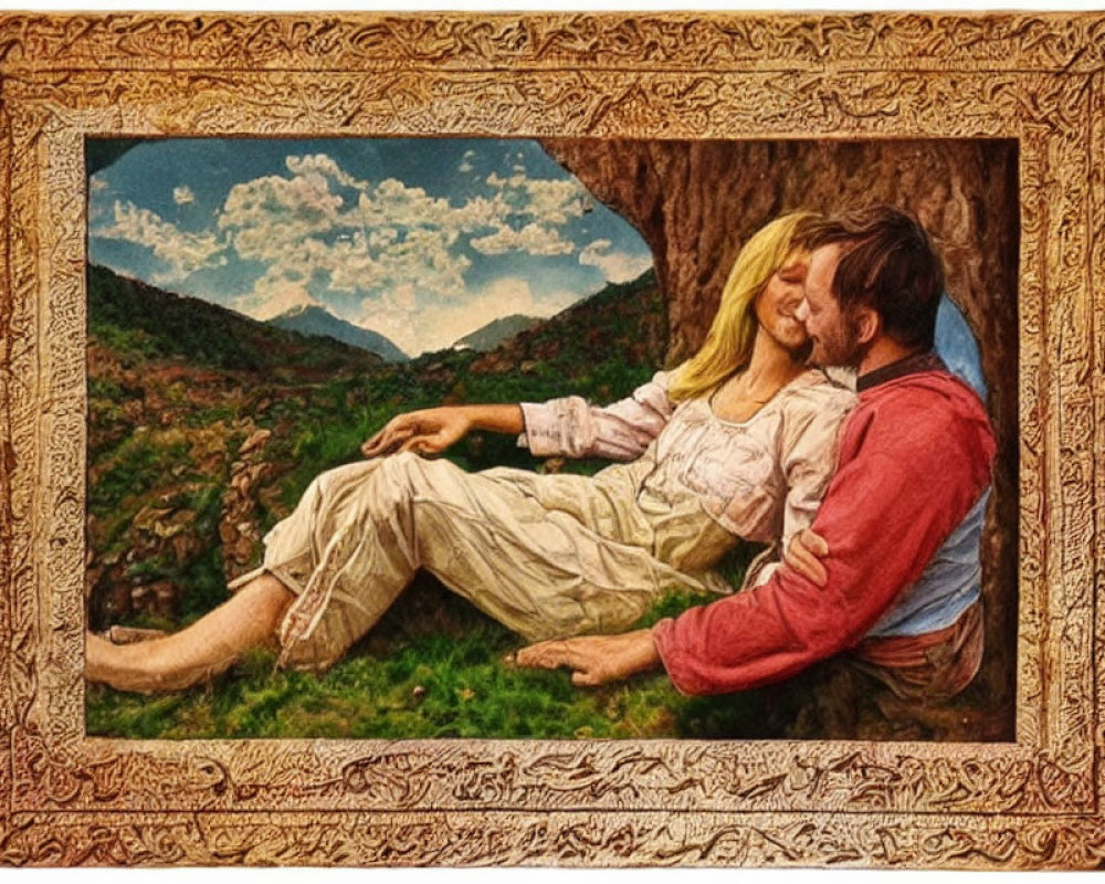 Couple Sitting by Mountain Landscape in Ornate Frame