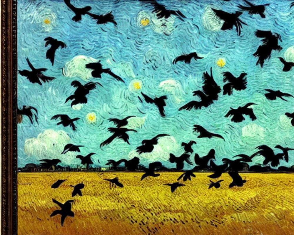 Digitally altered artwork: Birds silhouettes in flight over golden field.