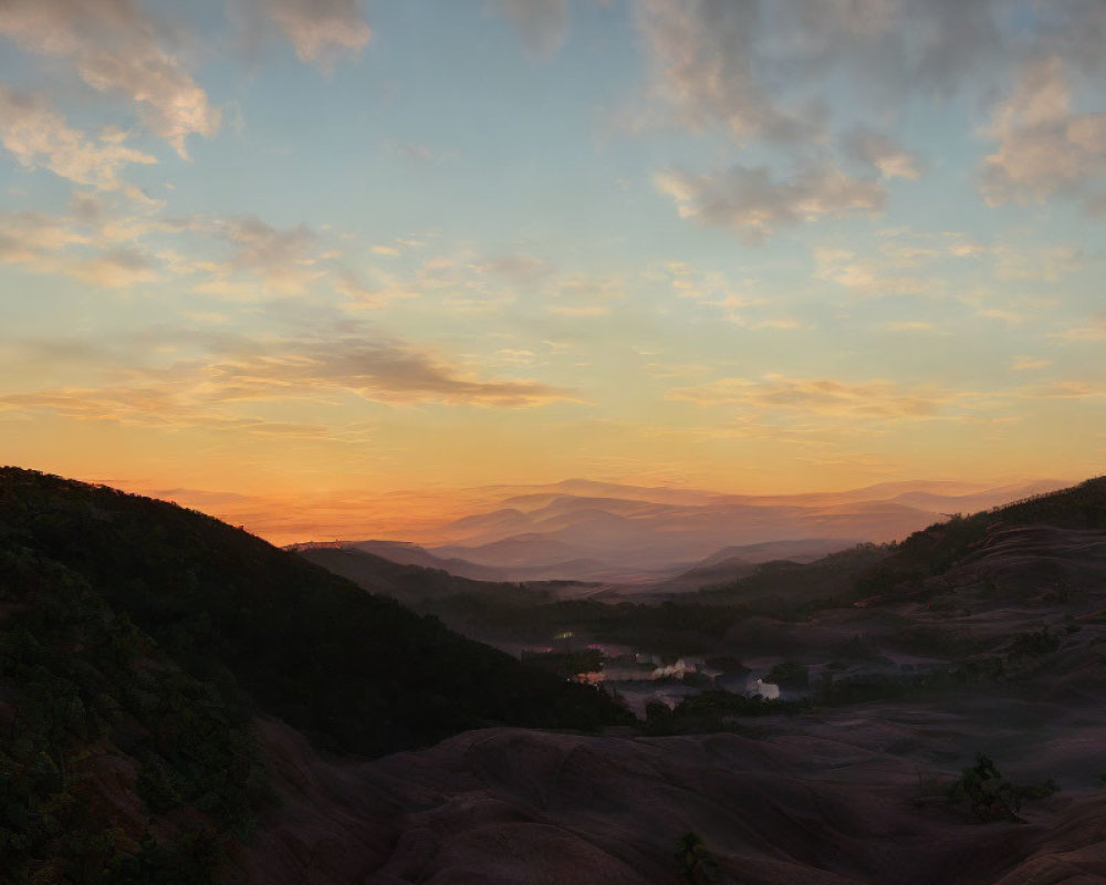 Tranquil sunrise landscape with hills, calm river, and mountain silhouettes