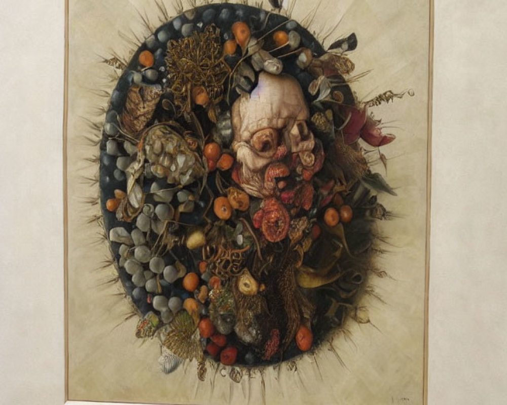 Detailed painting of organic skull circle titled "Mājas