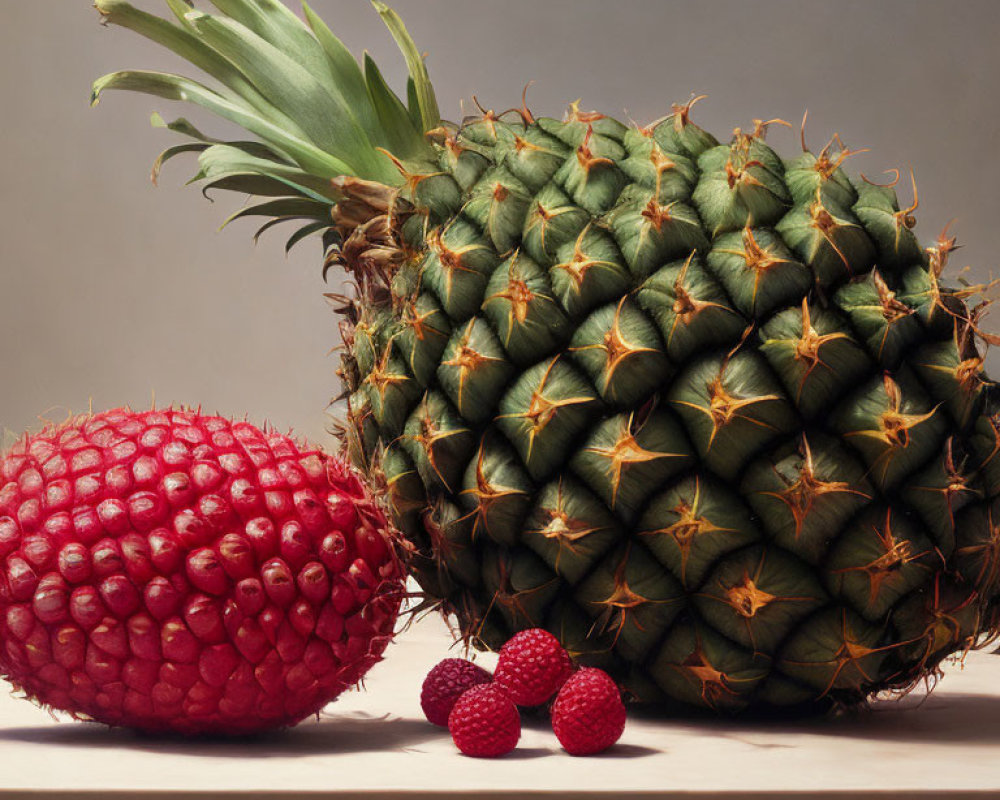 Green pineapple, red lychee, and raspberries on neutral backdrop.