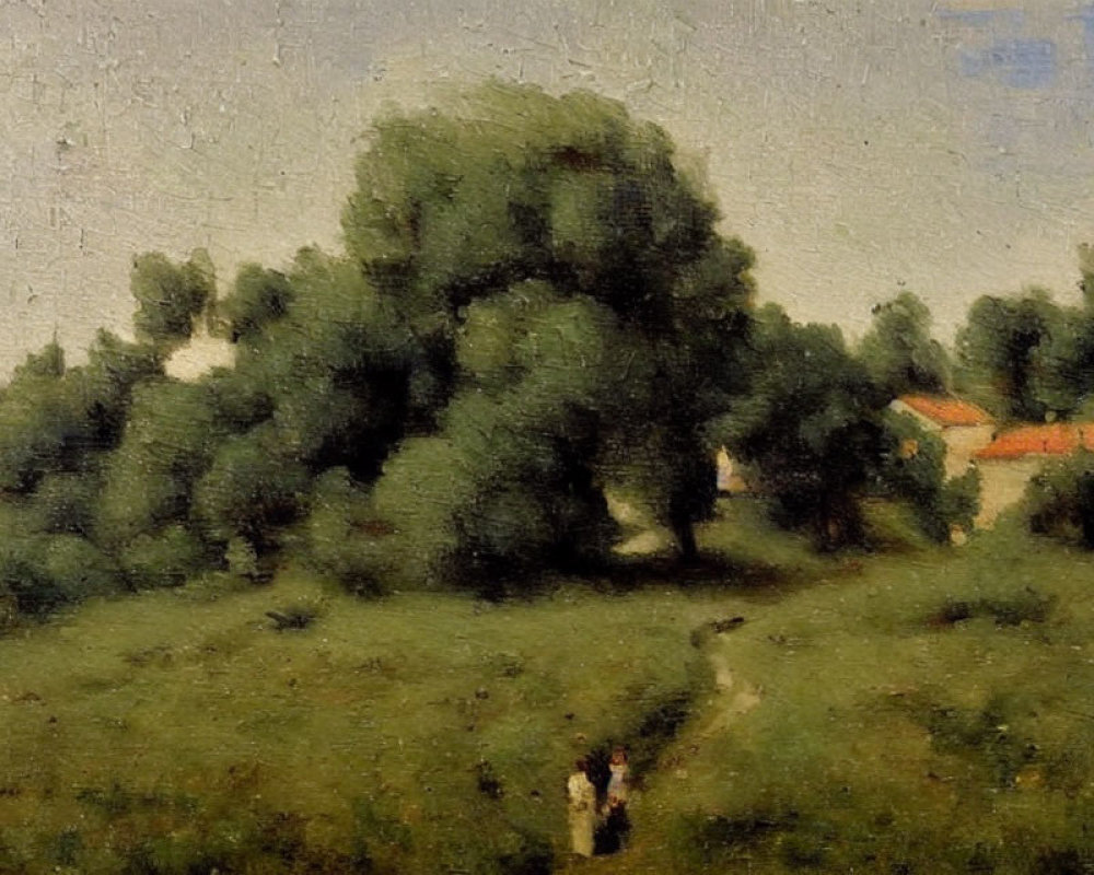 Lush meadow with couple walking, trees, and houses under hazy sky