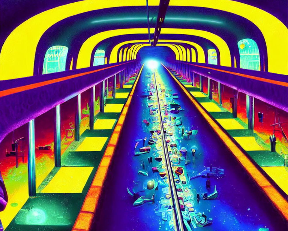 Colorful Psychedelic Train Station with Bright Yellow, Purple, and Blue Hues